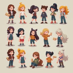 A grid of sixteen cartoon girls in various outfits, hairstyles, and poses, arranged in four rows and three columns.