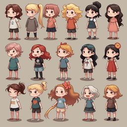 A grid of sixteen cartoon girls in various outfits, styled in a retro aesthetic, stands against a light brown backdrop.