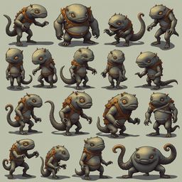 A grid of sixteen cartoonish creatures with round bodies, long tails, and orange accents, displays various poses and expressions.