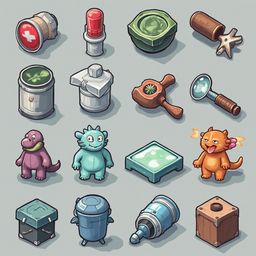 A grid of sixteen colorful and whimsical objects, including a red and green container, a blue and silver cylinder, a wooden star, a magnifying glass, a toy dinosaur, a blue and silver cylindrical object, and a small orange cat.