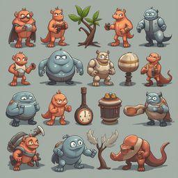 A grid of sixteen colorful creatures with unique features and weapons, set against a light blue background.