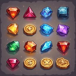 A grid of sixteen colorful gems and gold coins, varying in shape and size, arranged on a textured gray background.