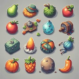 A grid of sixteen colorful, whimsical fruits and vegetables with unique shapes, sizes, and textures.