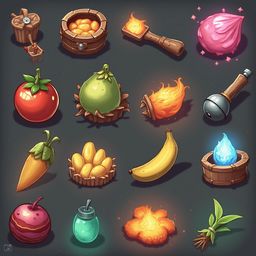 A grid of sixteen colorful, whimsical objects includes baskets, jars, fruits, vegetables, flames, and potions.