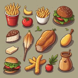 A grid of sixteen food items, including french fries, sandwich, fruit, bread, pastry, and sauce, is arranged against a light green backdrop.