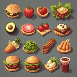 A grid of sixteen illustrated food items, including a hamburger, tomato, sandwich, salad, avocado, cake, fruit, vegetables, bread, and sauce.