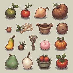 A grid of sixteen illustrated fruits and vegetables, including a pear, apple, onion, pumpkin, pear, fig, strawberry, pear, onion, tomato, and bowl.
