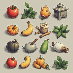 A grid of sixteen illustrated fruits and vegetables, including a tomato, banana, dragonfruit, pumpkin, squash, mint, lantern, and herbs.