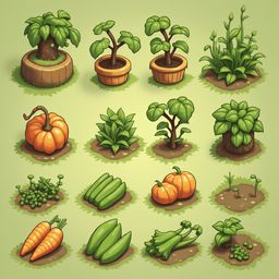 A grid of sixteen illustrated plants, including a pumpkin, fern, carrot, tomato, and beans, grows in pots and soil.