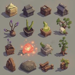A grid of sixteen isometric illustrations features various objects and plants in diverse containers and settings.