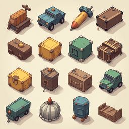 A grid of sixteen isometric illustrations showcases various objects and vehicles in diverse colors and styles.