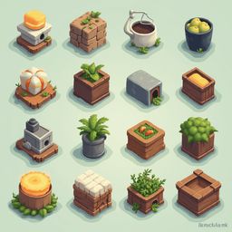 A grid of sixteen isometric illustrations showcases various objects and plants in diverse containers and settings.