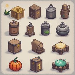 A grid of sixteen isometric objects, including a pumpkin, chest, birdhouse, teapot, lantern, barrel, and sphere, features various textures and colors.