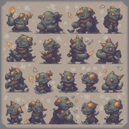A grid of sixteen pixel art creatures, primarily green with orange accents, displays diverse poses and expressions.
