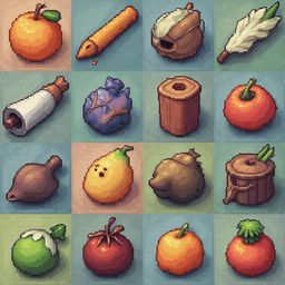 A grid of sixteen pixel art objects includes fruits, vegetables, tools, and containers.