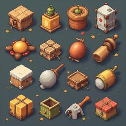 A grid of sixteen pixel art objects, including a wooden box, barrel, ball, pot, treasure chest, and tool, features warm and earthy tones.