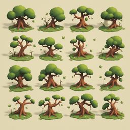 A grid of sixteen stylized trees with brown trunks, green canopies, and scattered white flowers, arranged on small green bases.