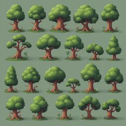 A grid of sixteen stylized trees with varying foliage colors and shapes, arranged against a light green backdrop.