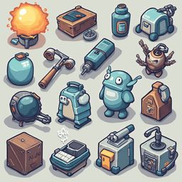 A grid of sixteen unique, cartoon-like objects displays a blend of industrial, futuristic, and whimsical designs.