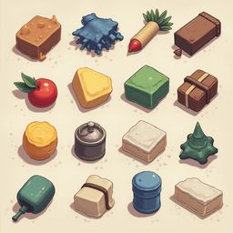 A grid of sixteen unique, cartoon-like objects includes battered boxes, melting candles, cracked eggs, melting chocolate, melting cheese, melting tomatoes, melting potatoes, melting bananas, melting apples, melting oranges, melting pineapples, melting potatoes, melting eggs, melting cheese, melting tomatoes, melting bananas, melting potatoes, melting eggs, melting pineapples, melting bananas, melting potatoes, melting cheese, melting pineapples, melting eggs, melting cheese, melting tomatoes, melting apples, melting oranges, melting bananas, melting potatoes, melting eggs, melting cheese, melting pineapples, melting bananas, melting potatoes, melting eggs, melting cheese, melting pineapples, melting bananas, melting potatoes, melting eggs, melting cheese, melting pineapples, melting bananas, melting potatoes, melting eggs, melting cheese, melting pineapples, melting bananas, melting potatoes, melting eggs, melting cheese, melting pineapples, melting bananas, melting potatoes, melting eggs, melting cheese, melting pineapples, melting bananas, melting potatoes, melting eggs, melting cheese, melting pineapples, melting bananas, melting potatoes, melting eggs, melting cheese, melting pineapples, melting bananas, melting potatoes, melting eggs, melting cheese, melting pineapples, melting bananas, melting potatoes, melting eggs, melting cheese, melting pineapples, melting bananas, melting potatoes, melting eggs, melting cheese, melting pineapples, melting bananas, melting potatoes, melting eggs, melting cheese, melting pineapples, melting bananas, melting potatoes, melting eggs, melting cheese, melting pineapples, melting bananas, melting potatoes, melting eggs, melting cheese, melting pineapples, melting bananas, melting potatoes, melting eggs, melting cheese, melting pineapples, melting bananas, melting potatoes, melting eggs, melting cheese, melting pineapples, melting bananas, melting potatoes, melting eggs, melting cheese, melting pineapples, melting bananas, melting potatoes, melting eggs, melting cheese, melting pineapples, melting bananas, melting potatoes, melting eggs, melting cheese, melting pineapples, melting bananas, melting potatoes, melting eggs, melting cheese, melting pineapples, melting bananas, melting potatoes, melting eggs, melting cheese, melting pineapples, melting bananas, melting potatoes, melting eggs, melting cheese, melting pineapples, melting bananas, melting potatoes, melting eggs, melting cheese, melting pineapples, melting bananas, melting potatoes, melting eggs, melting cheese, melting pineapples, melting bananas, melting potatoes, melting eggs, melting cheese, melting pineapples, melting bananas, melting potatoes, melting eggs, melting cheese, melting pineapples, melting bananas, melting potatoes, melting eggs, melting cheese, melting pineapples, melting bananas, melting potatoes, melting eggs, melting cheese, melting pineapples, melting bananas, melting potatoes, melting eggs, melting cheese, melting pineapples, melting bananas, melting potatoes, melting eggs, melting cheese, melting pineapples, melting bananas, melting potatoes, melting eggs, melting cheese, melting pineapples, melting bananas, melting potatoes, melting eggs, melting cheese, melting pineapples, melting bananas, melting potatoes, melting eggs, melting cheese, melting pineapples, melting bananas, melting potatoes, melting eggs, melting cheese, melting pineapples, melting bananas, melting potatoes, melting eggs, melting cheese, melting pineapples, melting bananas, melting potatoes, melting eggs, melting cheese, melting pineapples, melting bananas, melting potatoes, melting eggs, melting cheese, melting pineapples, melting bananas, melting potatoes, melting eggs, melting cheese, melting pineapples, melting bananas, melting potatoes, melting eggs, melting cheese, melting pineapples, melting bananas, melting potatoes, melting eggs, melting cheese, melting pineapples, melting bananas, melting potatoes, melting eggs, melting cheese, melting pineapples, melting bananas, melting potatoes, melting eggs, melting cheese, melting pine
