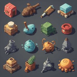 A grid of sixteen unique, colorful, and detailed isometric objects, including a red building, brown cannon, green robot, blue sphere, yellow pyramid, orange sphere, and blue pot, arranged against a dark gray background.