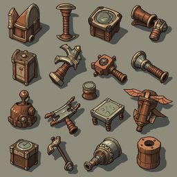A grid of sixteen unique, colorful, and detailed objects, including a chest, telescope, hammer, stool, bird, chest, telescope, barrel, and compass, arranged in four rows and six columns.
