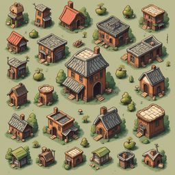 A grid of sixteen unique, colorful houses with varying roof styles and sizes, set against a light green backdrop.