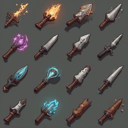 A grid of sixteen unique fantasy weapons, ranging from bladed to glowing, is arranged against a gradient gray background.