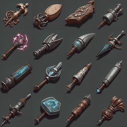 A grid of sixteen unique fantasy weapons, varying in design, color, and function, showcases intricate details against a black background.