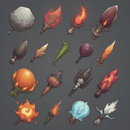 A grid of sixteen unique fire-like weapons, varying in design, color, and function, stands out against a dark gray background.