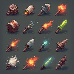 A grid of sixteen unique fire tools, each with distinct features and colors, is arranged against a dark gray background.