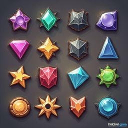 A grid of sixteen unique gem shapes, varying in color and form, is set against a dark gray background.