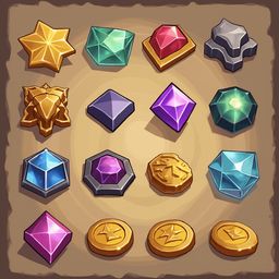 A grid of sixteen unique gemstones and gold coins, each with distinct shapes, colors, and symbols, is arranged on a textured brown background.