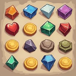 A grid of sixteen unique gemstones and gold coins, each with distinct colors, shapes, and sizes, arranged on a beige background.