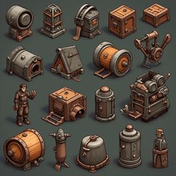 A grid of sixteen unique, mechanical-looking objects in shades of brown and gray, evoke a steampunk aesthetic.