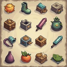 A grid of sixteen unique objects, including a ball, boot, suitcase, lamp, sword, pot, fruit, and plant, features diverse colors, shapes, and textures.