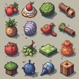 A grid of sixteen unique objects, including a cherry, onion, egg, telescope, mushroom, tree, pot, ship, and treasure chest, features bright colors and whimsical designs.