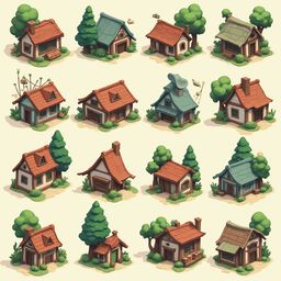 A grid of sixteen unique, quaint houses in various colors and designs, nestled amidst lush greenery.