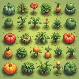 A grid of sixteen unique, stylized plants in shades of green, red, and orange, arranged on a vibrant green background.