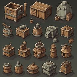 A grid of sixteen unique wooden chests and containers, varying in shape, size, and decoration, showcases a diverse collection of storage solutions.