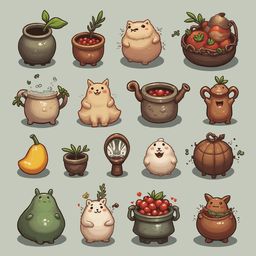 A grid of sixteen whimsical, cartoon-like creatures in various pots and dishes, displaying diverse appearances and actions.