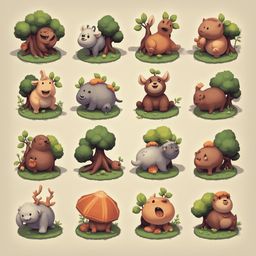 A grid of sixteen whimsical, cartoon-style animal illustrations rests on green grass patches with trees.