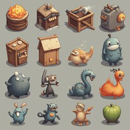 A grid of sixteen whimsical, cartoon-style creatures and objects, including a wooden house, fire, tools, and fruits, adds a sense of depth and diversity.