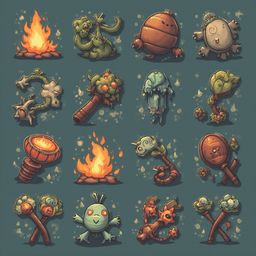 A grid of sixteen whimsical, cartoon-style creatures with unique features and objects, set against a dark green background with scattered orange and yellow spots.