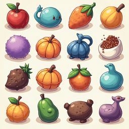 A grid of sixteen whimsical, cartoon-style fruits and animals, including apples, whales, oranges, pumpkins, strawberries, pumpkins, oranges, teddy bears, dolphins, and seahorses.