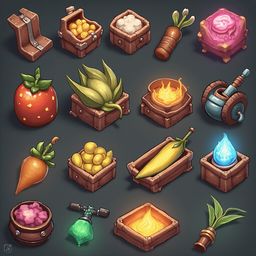 A grid of sixteen whimsical, colorful objects, including a red tomato, green corn, yellow squash, blue flame, wooden chest, purple pot, green bottle, and brown pot, arranged against a dark gray background.