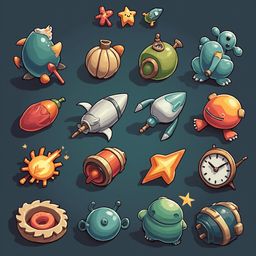 A grid of sixteen whimsical, colorful objects includes spaceships, planets, stars, mushrooms, rockets, fish, and a clock.