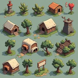 A grid of sixteen whimsical houses and buildings, each unique in design and color, features red roofs, green walls, and diverse architectural elements.