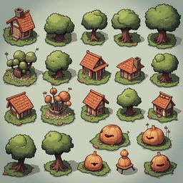 A grid of sixteen whimsical houses and trees, each unique in design and color, arranged on grassy terrain.