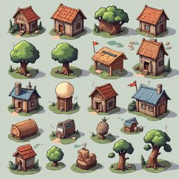 A grid of sixteen whimsical houses, each unique in style and color, features red roofs, wooden doors, and windows, surrounded by lush greenery.